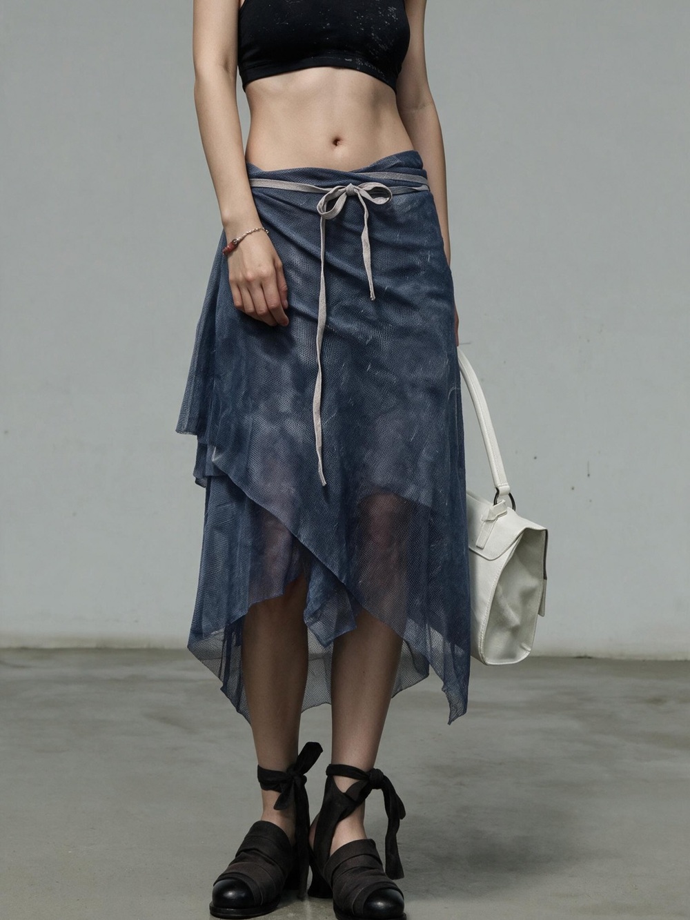VTG Plein Sud Jeans Blue Tie Dye Tulle Mesh Handkerchief Wrap Skirt